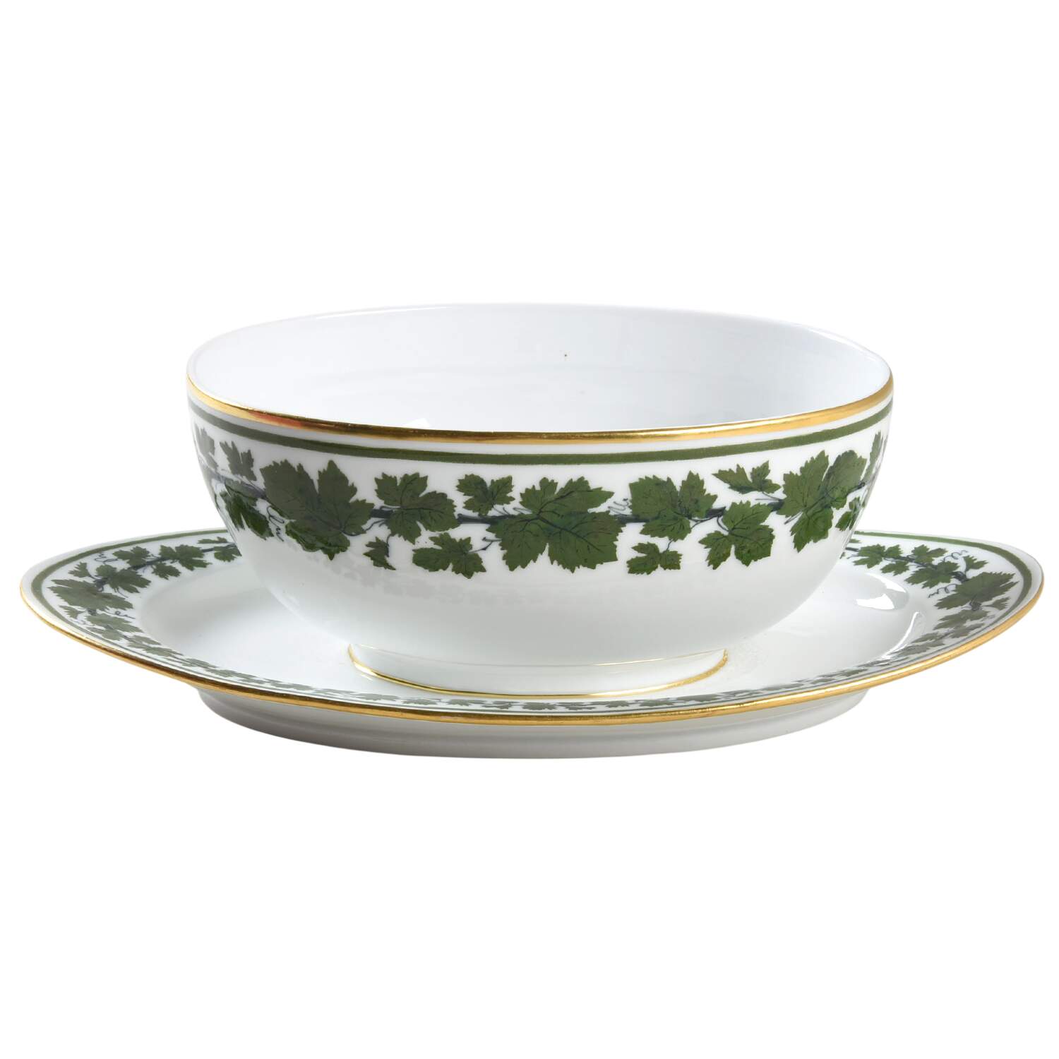 Full Green Vine (Smooth, Gold Trim) Gravy Boat with Attached Underplate by Meissen (Germany)-1