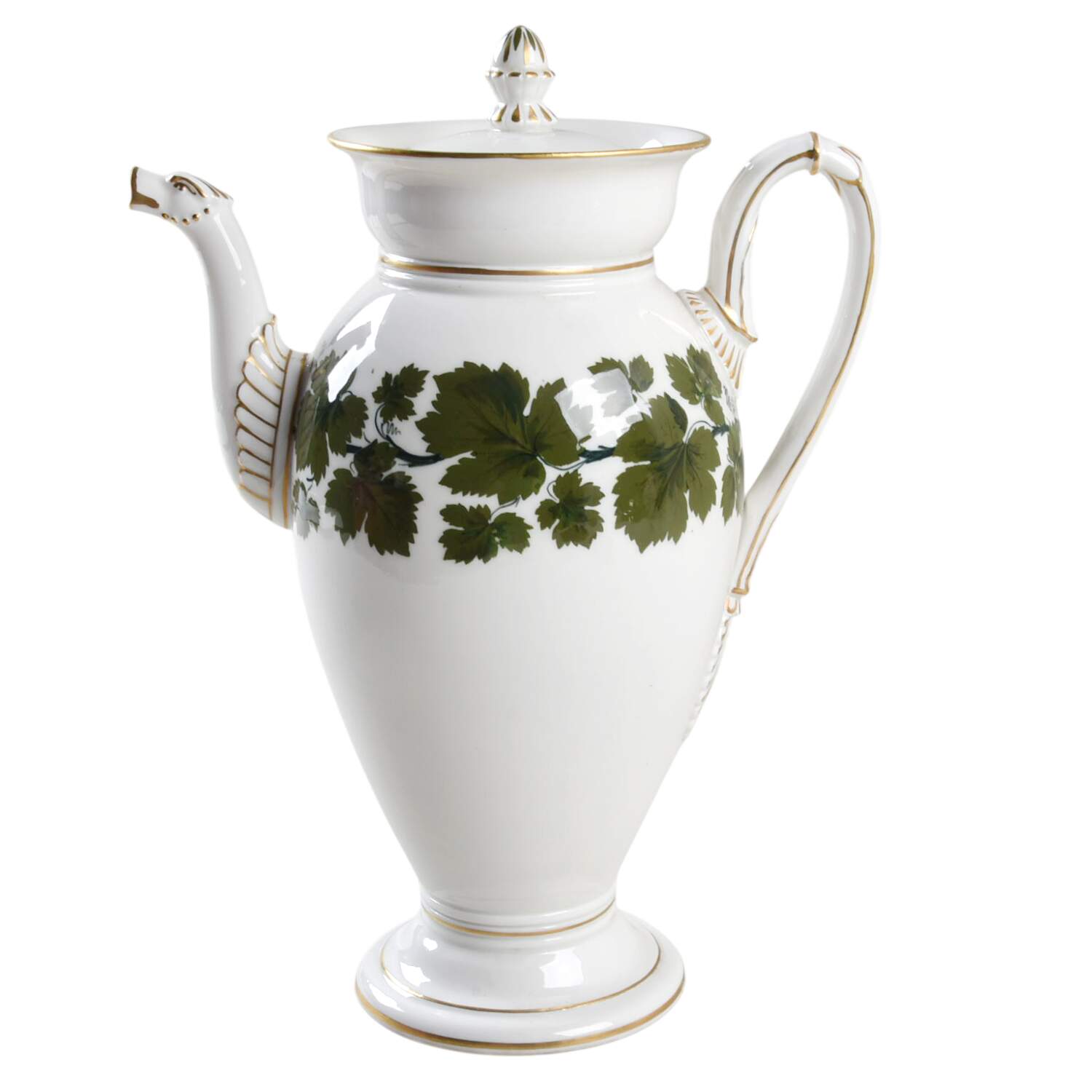 Full Green Vine (Smooth, Gold Trim) Coffee Pot & Lid by Meissen (Germany)-1