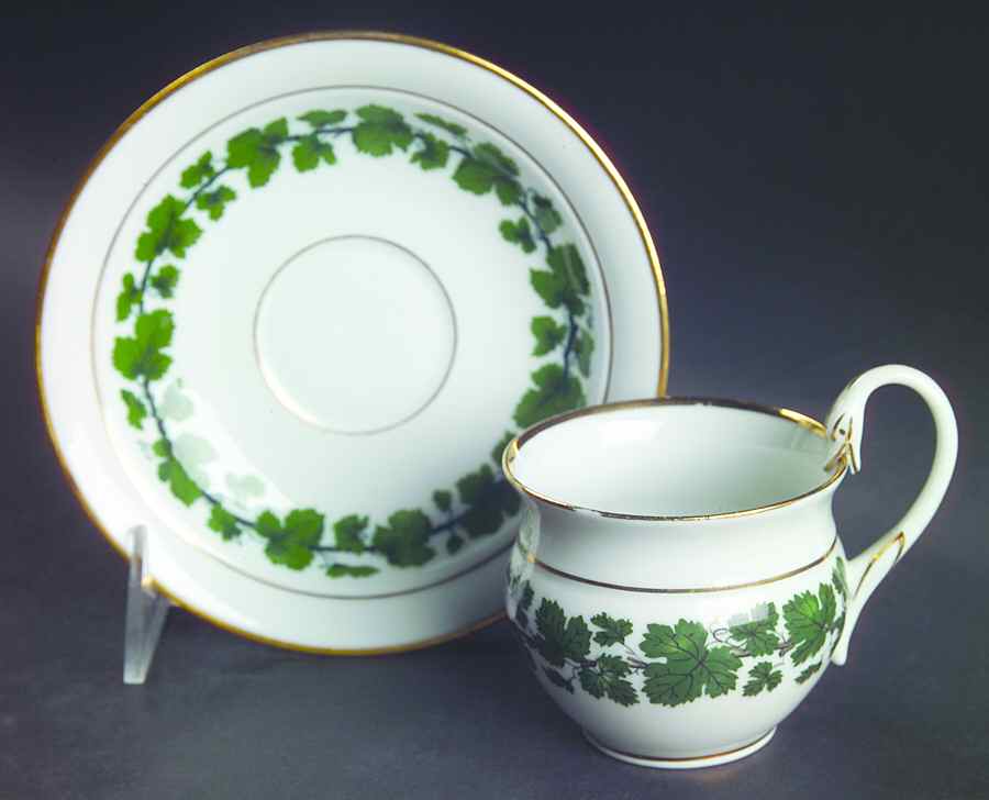 Full Green Vine (Smooth, Gold Trim) Flat Cup & Saucer Set by Meissen (Germany)-1