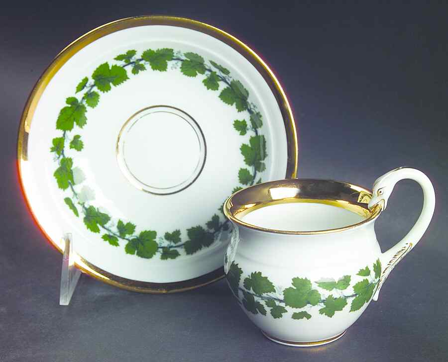 Full Green Vine (Smooth, Gold Trim) Flat Cup & Saucer Set by Meissen (Germany)-1