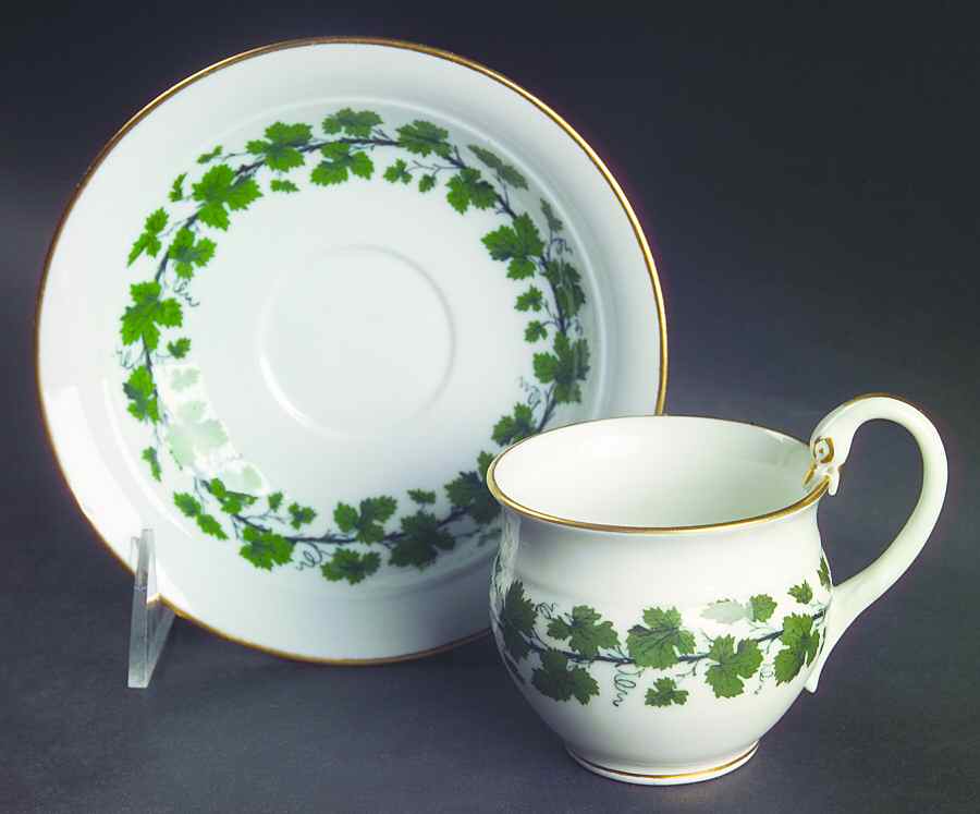 Full Green Vine (Smooth, Gold Trim) Flat Cup & Saucer Set by Meissen (Germany)-1