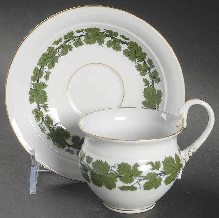 Full Green Vine (Smooth, Gold Trim) Flat Cup & Saucer Set by Meissen (Germany)-1
