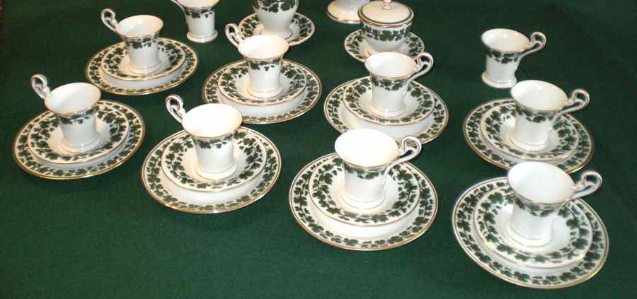 Full Green Vine (Smooth, Gold Trim) Footed Demitasse Cup & Saucer Set by Meissen (Germany)-1
