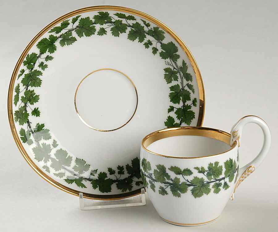 Full Green Vine (Smooth, Gold Trim) Flat Cup & Saucer Set by Meissen (Germany)-1