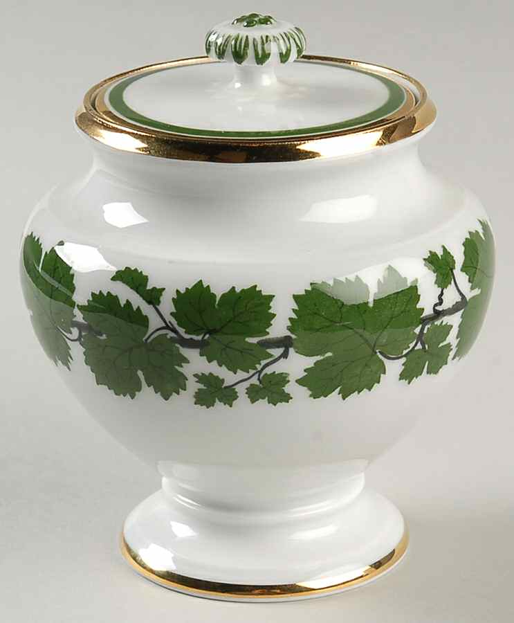 Full Green Vine (Smooth, Gold Trim) Sugar Bowl & Lid by Meissen (Germany)-1