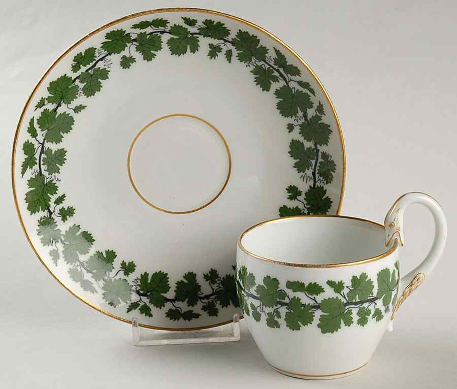 Full Green Vine (Smooth, Gold Trim) Flat Demitasse Cup & Saucer Set by Meissen (Germany)-1