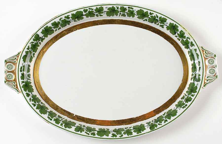 Full Green Vine (Smooth, Gold Trim) 17" Oval Handled Tray by Meissen (Germany)-1