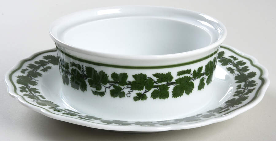Full Green Vine (Scalloped, No Trim) Round Covered Butter w/Attached Plate No Lid by Meissen (Germany)-1