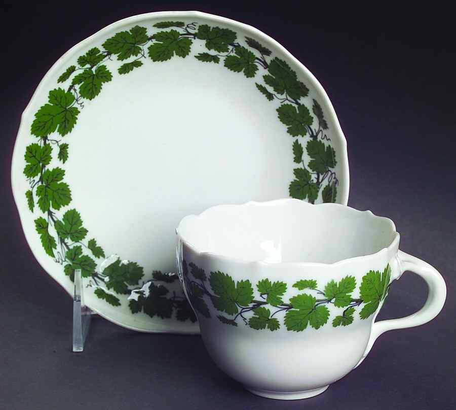 Full Green Vine (Scalloped, No Trim) Flat Cup & Saucer Set by Meissen (Germany)-1