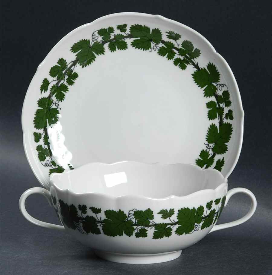 Full Green Vine (Scalloped, No Trim) Footed Cream Soup Bowl & Saucer Set by Meissen (Germany)-1
