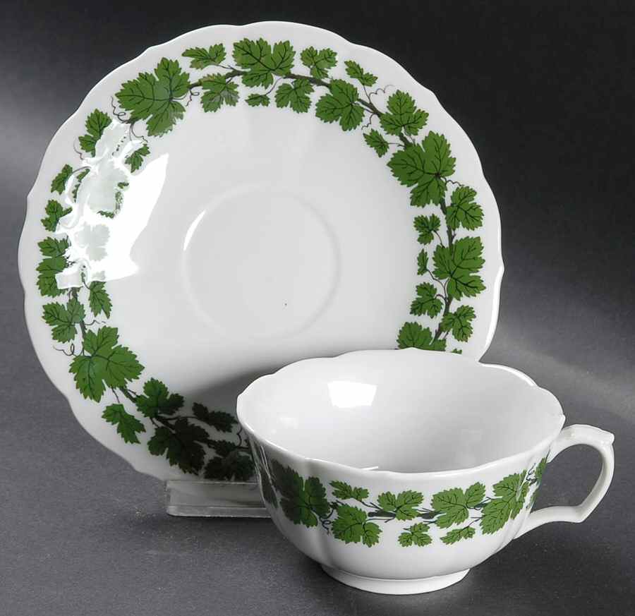 Full Green Vine (Scalloped, No Trim) Flat Cup & Saucer Set by Meissen (Germany)-1