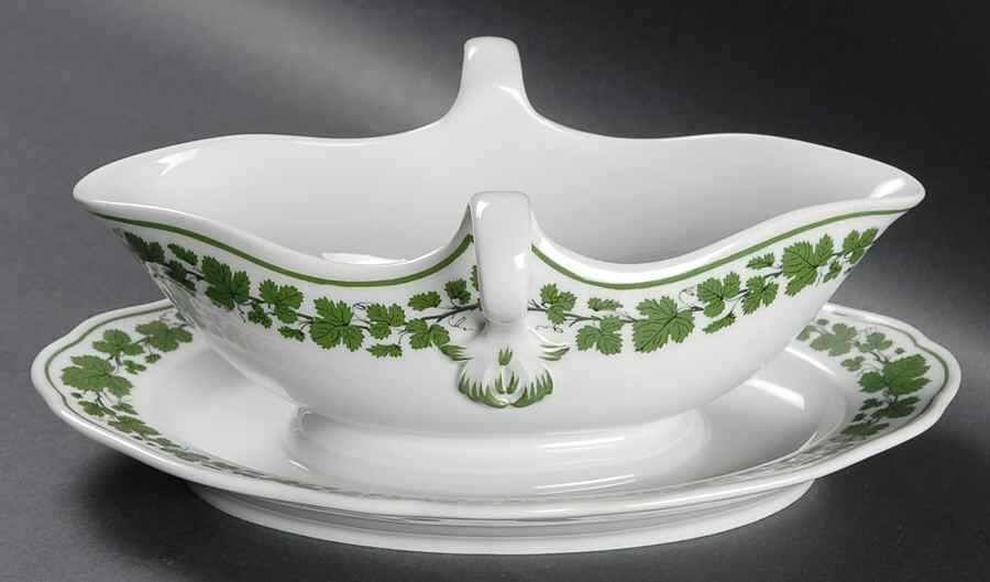 Full Green Vine (Scalloped, No Trim) Gravy Boat with Attached Underplate by Meissen (Germany)-1
