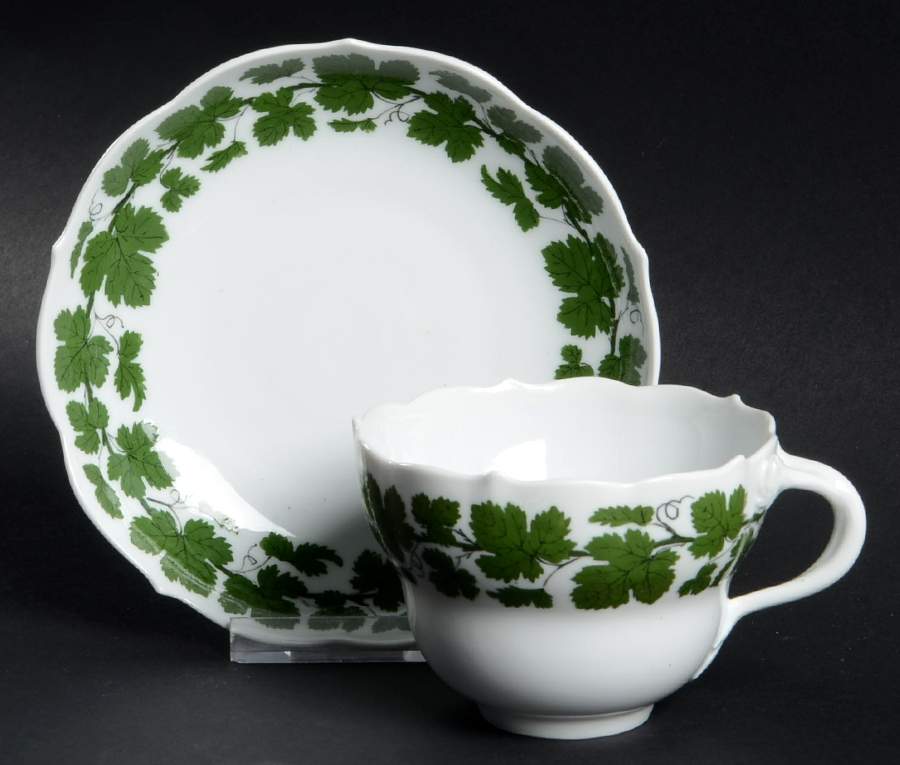 Full Green Vine (Scalloped, No Trim) Flat Cup & Saucer Set by Meissen (Germany)-1