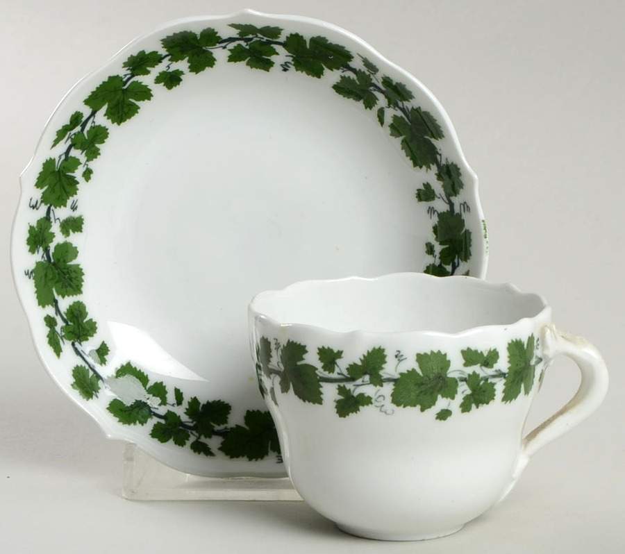 Full Green Vine (Scalloped, No Trim) Flat Demitasse Cup & Saucer Set by Meissen (Germany)-1