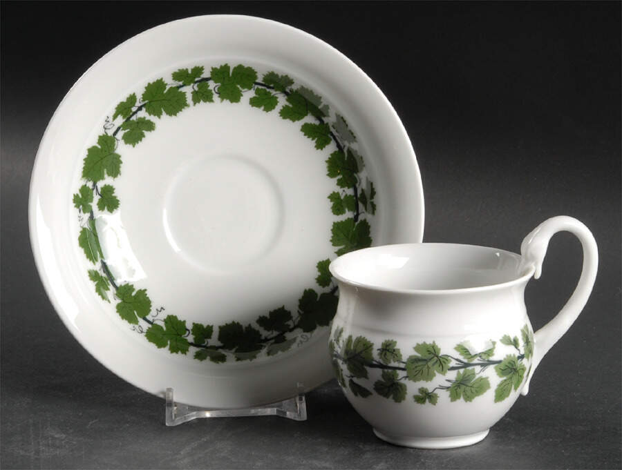 Full Green Vine (Smooth, No Trim) Flat Cup & Saucer Set by Meissen (Germany)-1