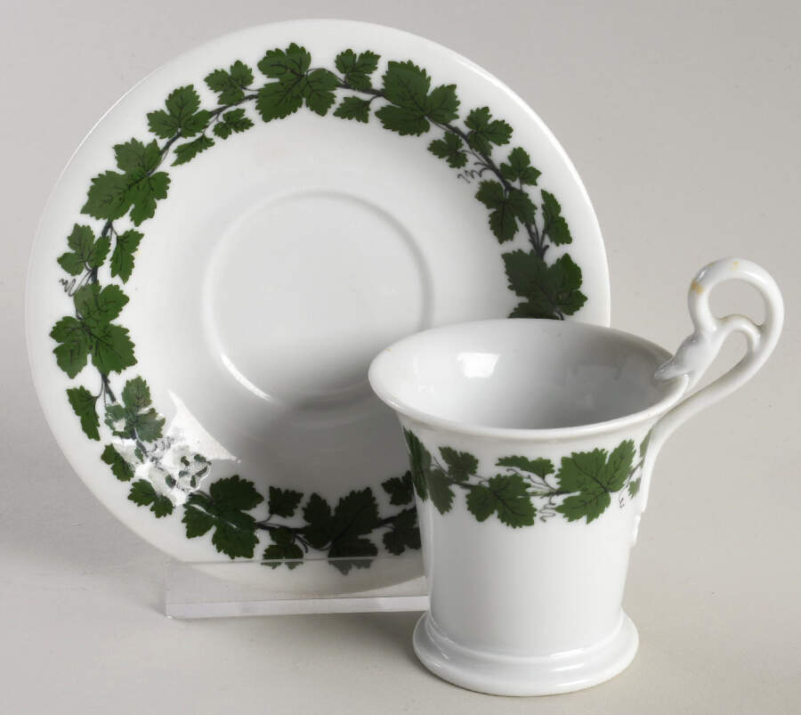 Full Green Vine (Smooth, No Trim) Footed Demitasse Cup & Saucer Set by Meissen (Germany)-1