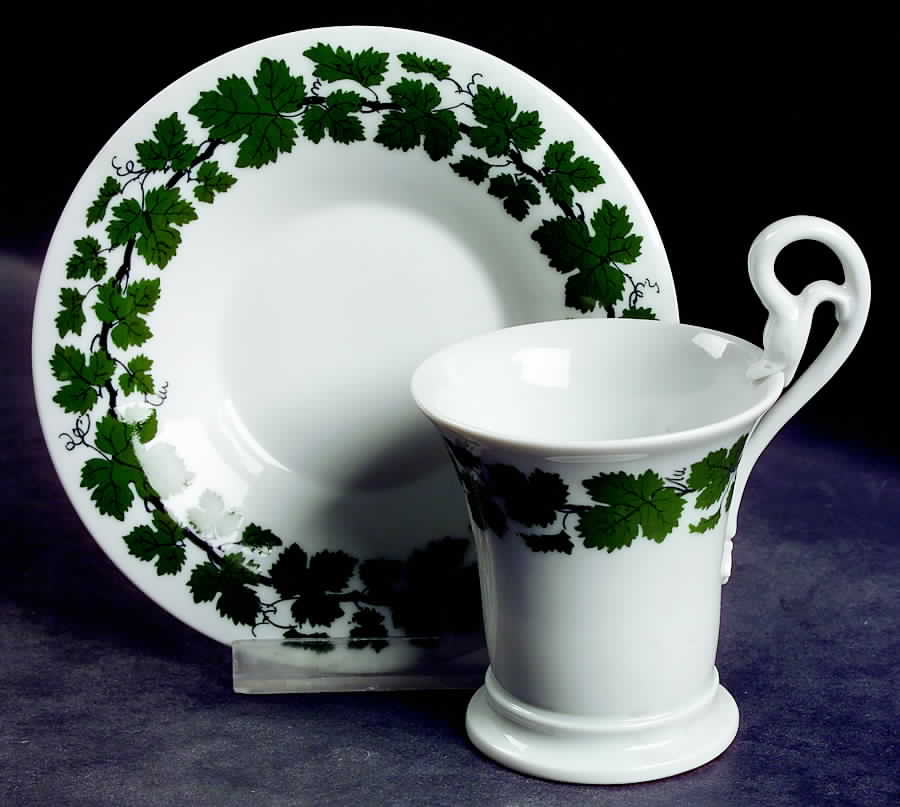 Full Green Vine (Smooth, No Trim) Footed Demitasse Cup & Saucer Set by Meissen (Germany)-1