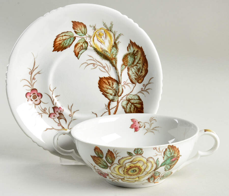Old Rose Flat Cream Soup Bowl & Saucer Set by John Maddock & Sons-1
