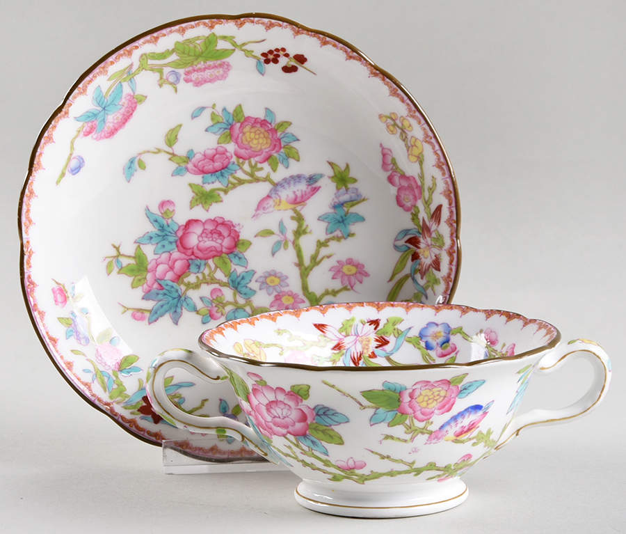 Cuckoo (Scalloped, White, Globe Backstamp) Footed Bouillon Cup & Saucer by Minton-1