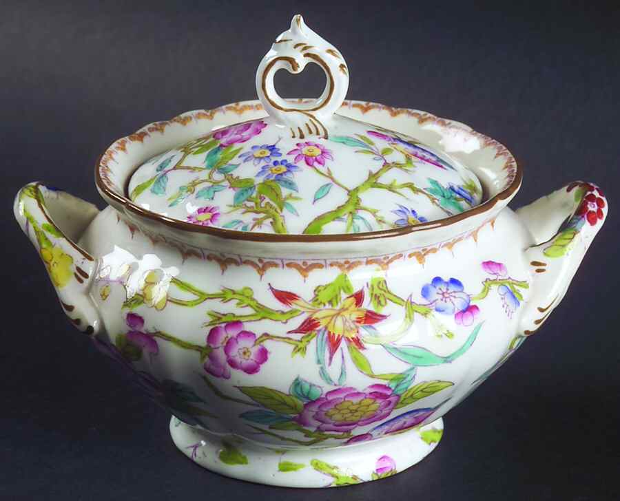 Cuckoo (Scalloped, White, Globe Backstamp) Sugar Bowl & Lid by Minton-1