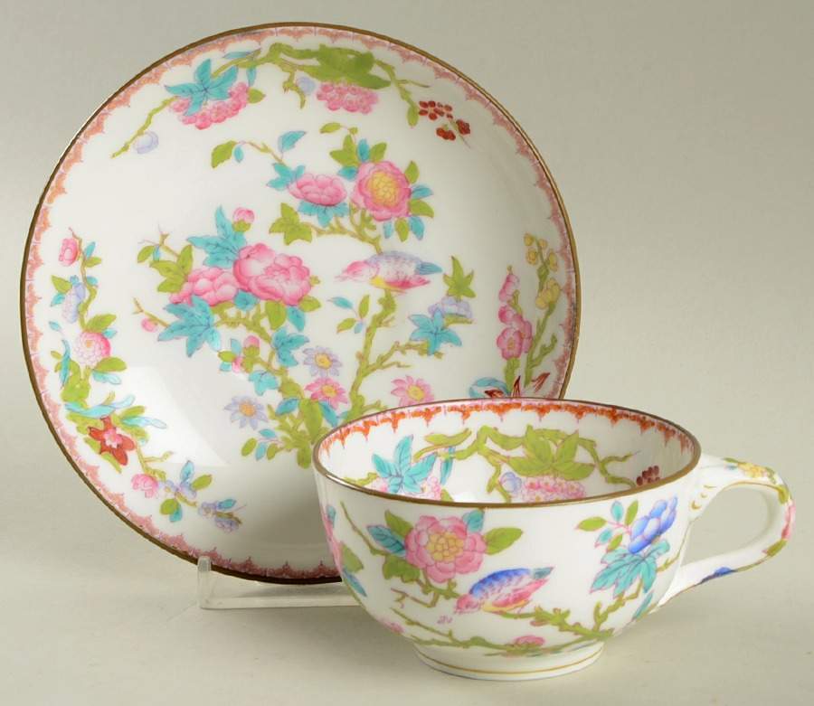 Cuckoo (Scalloped, White, Globe Backstamp) Flat Cup & Saucer Set by Minton-1