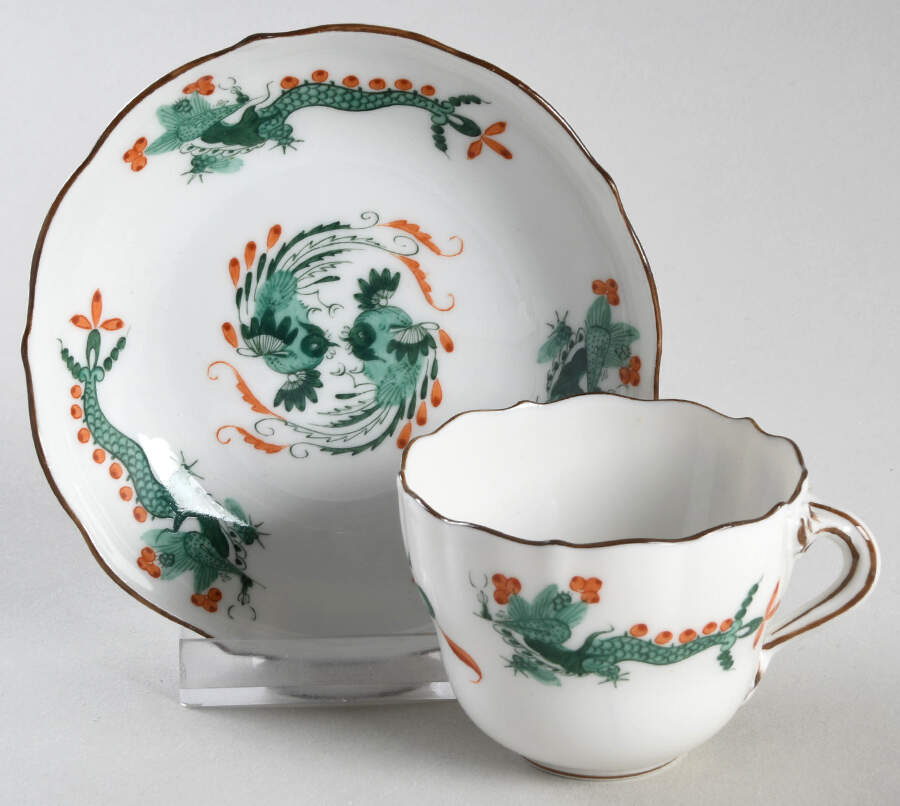 Dragon Green (Red Dot Accent) Flat Demitasse Cup & Saucer Set by Meissen (Germany)-1