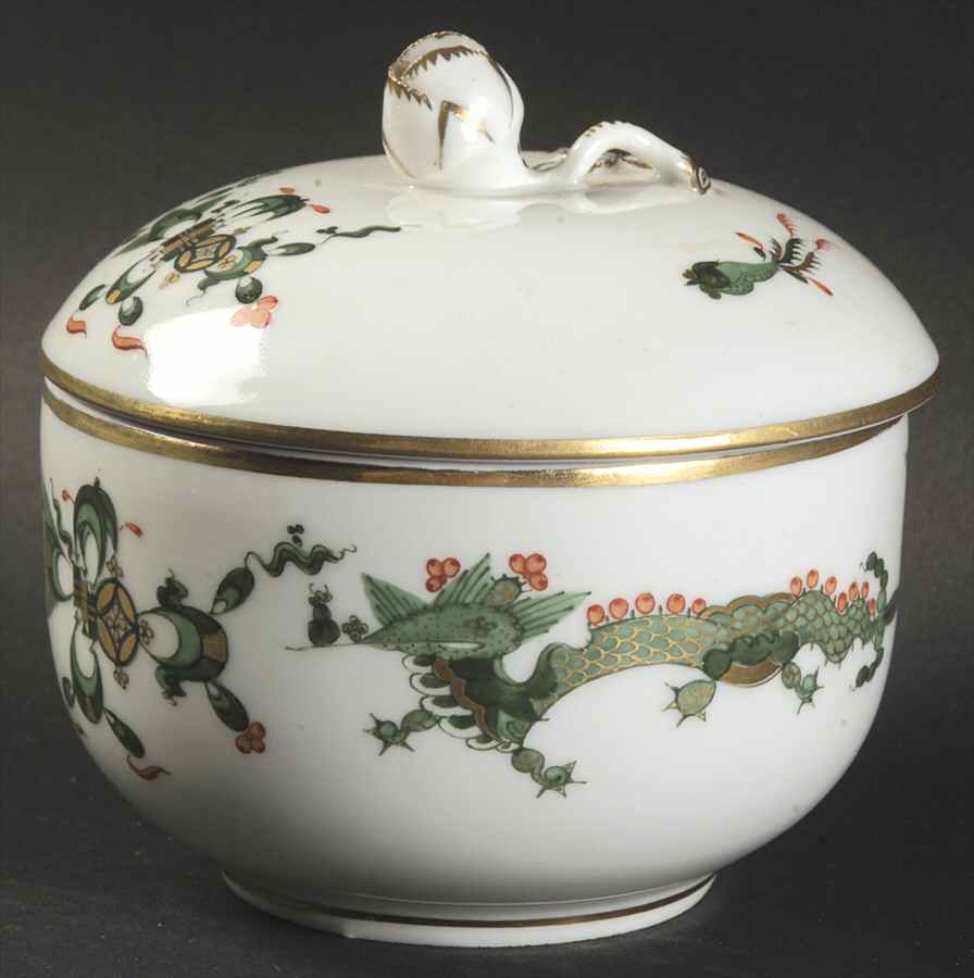 Dragon Green (Red Dot Accent) Sugar Bowl & Lid by Meissen (Germany)-1