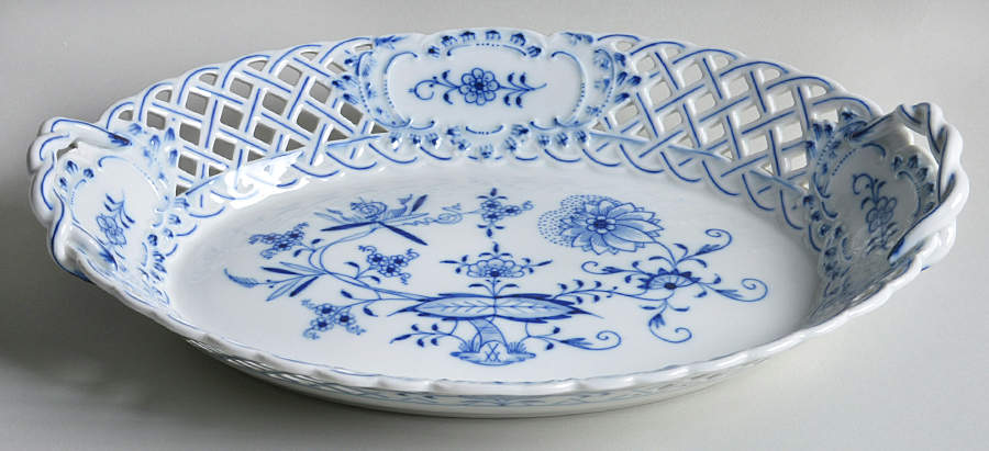 Blue Onion (Pierced, No Trim) 12" Oval Pierced Basket by Meissen (Germany)-1