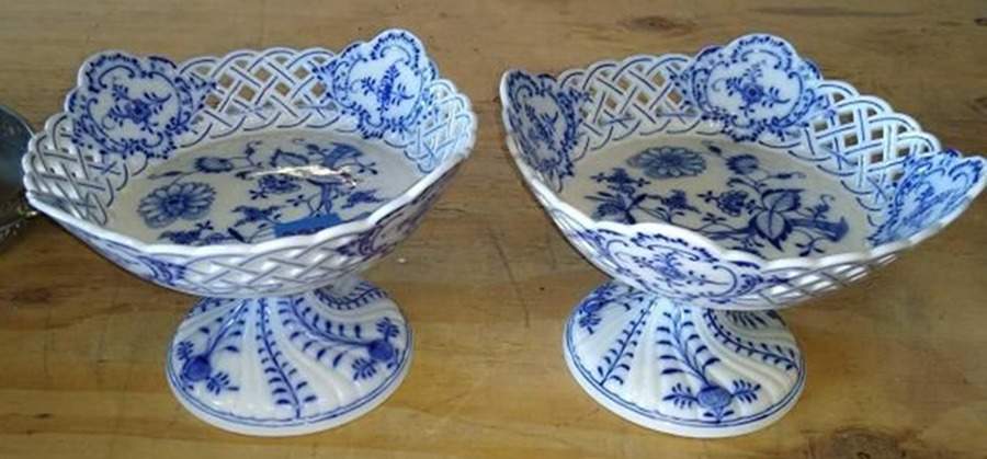 Blue Onion (Pierced, No Trim) Round Compote (Height X Width) by Meissen (Germany)-1