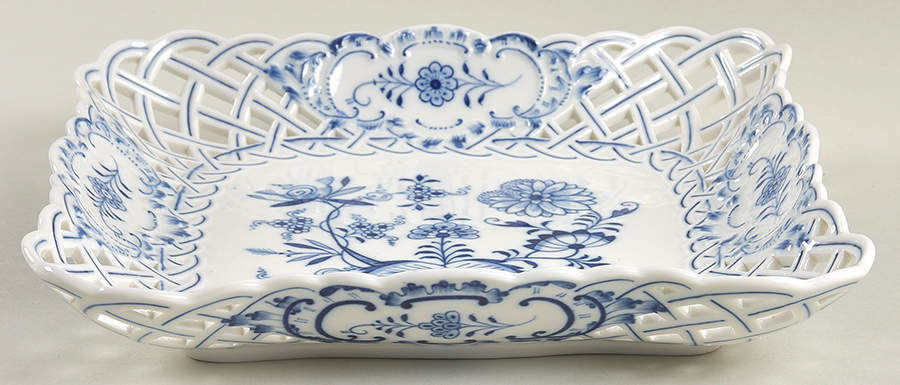Blue Onion (Pierced, No Trim) 9" Square Pierced Bowl by Meissen (Germany)-1