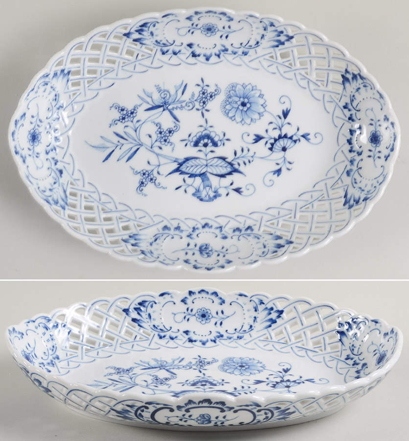 Blue Onion (Pierced, No Trim) 9" Pierced Oval Bowl by Meissen (Germany)-1