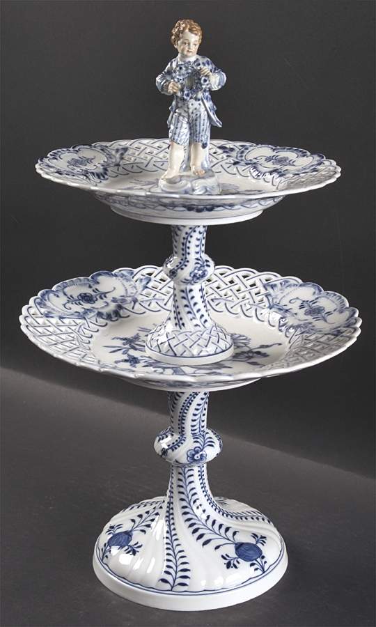 Blue Onion (Pierced, No Trim) 2 Tiered Serving Tray (Luncheon & Salad Plate) by Meissen (Germany)-1