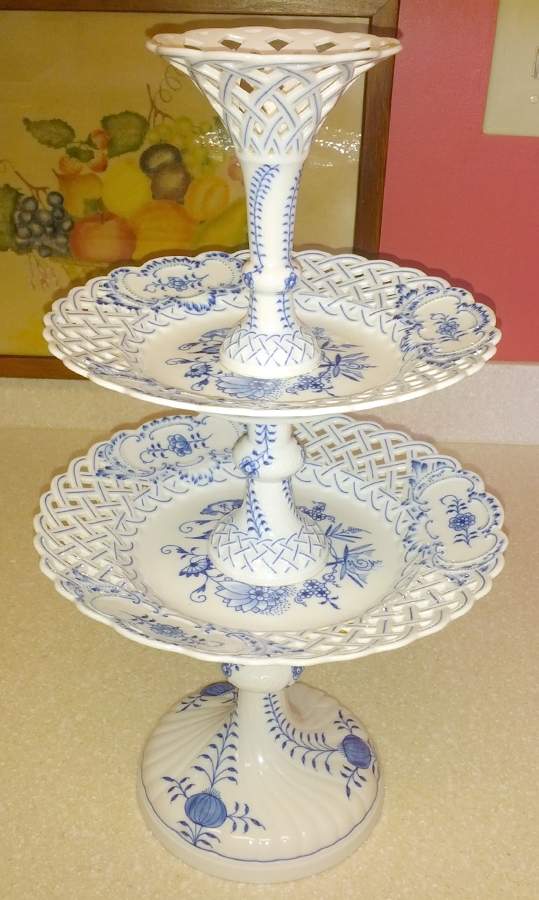 Blue Onion (Pierced, No Trim) 2 Tier Fruit Stand by Meissen (Germany)-1
