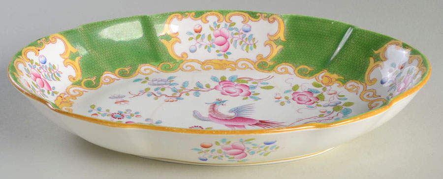 Cockatrice Green (Scalloped, Brown Trim) 10" Oval Vegetable Bowl by Minton-1