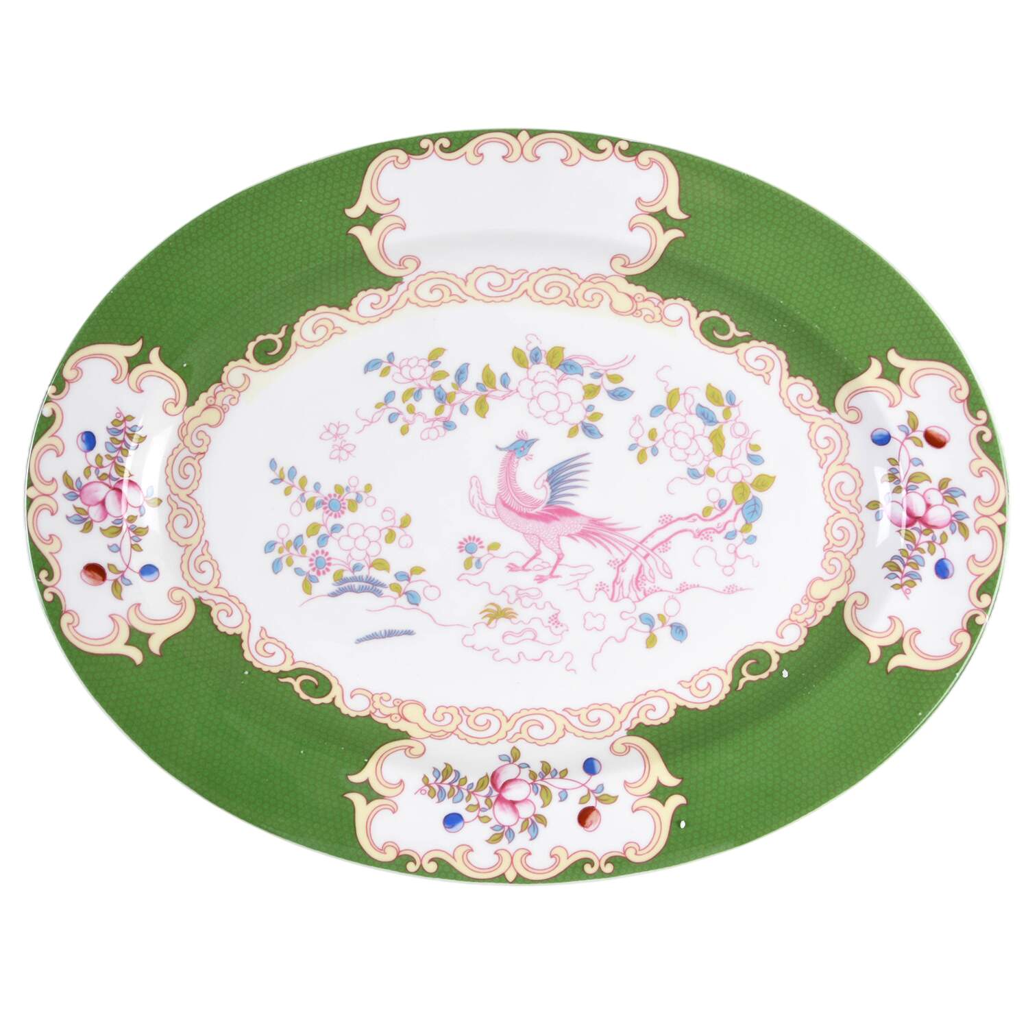 Cockatrice Green (Scalloped, Brown Trim) 16" Oval Serving Platter by Minton-1