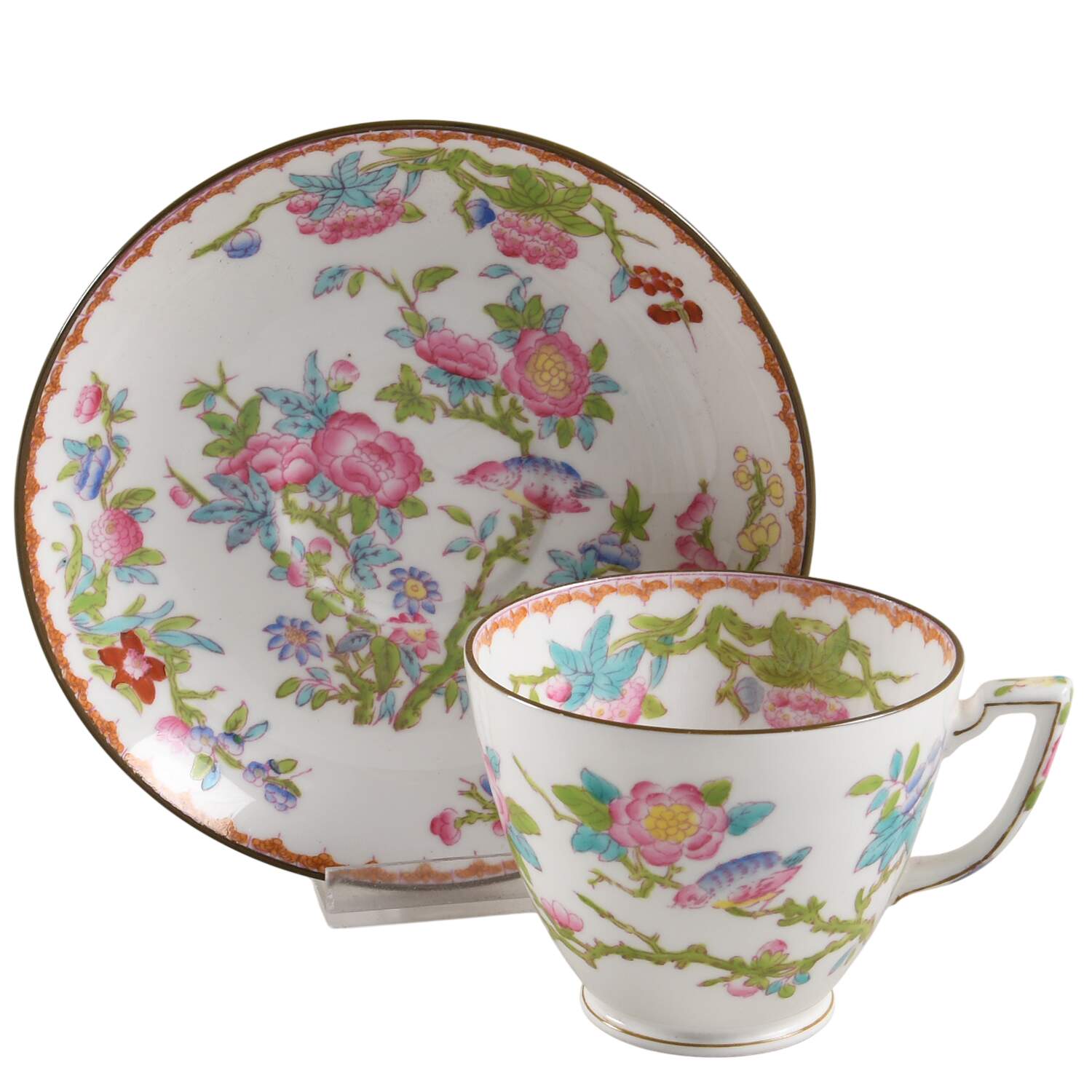 Cuckoo (Smooth, White, Globe Bks) Footed Cup & Saucer Set by Minton-1