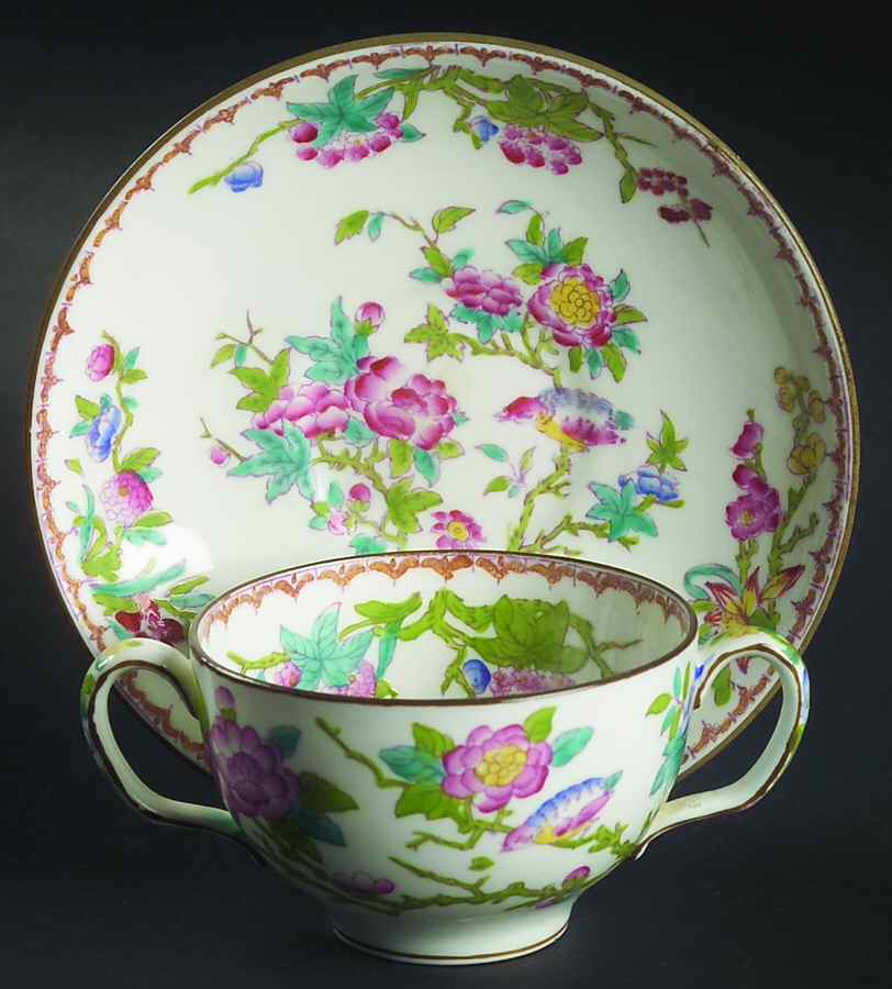 Cuckoo (Smooth, White, Globe Bks) Flat Bouillon Cup & Saucer by Minton-1