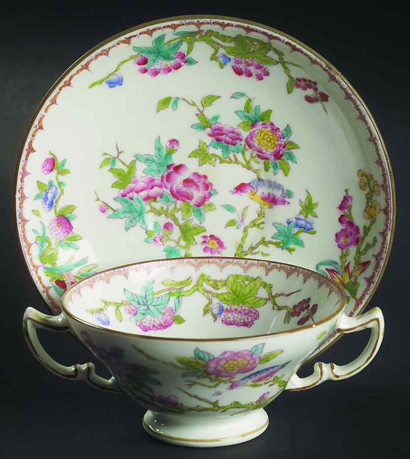 Cuckoo (Smooth, White, Globe Bks) Footed Bouillon Cup & Saucer by Minton-1