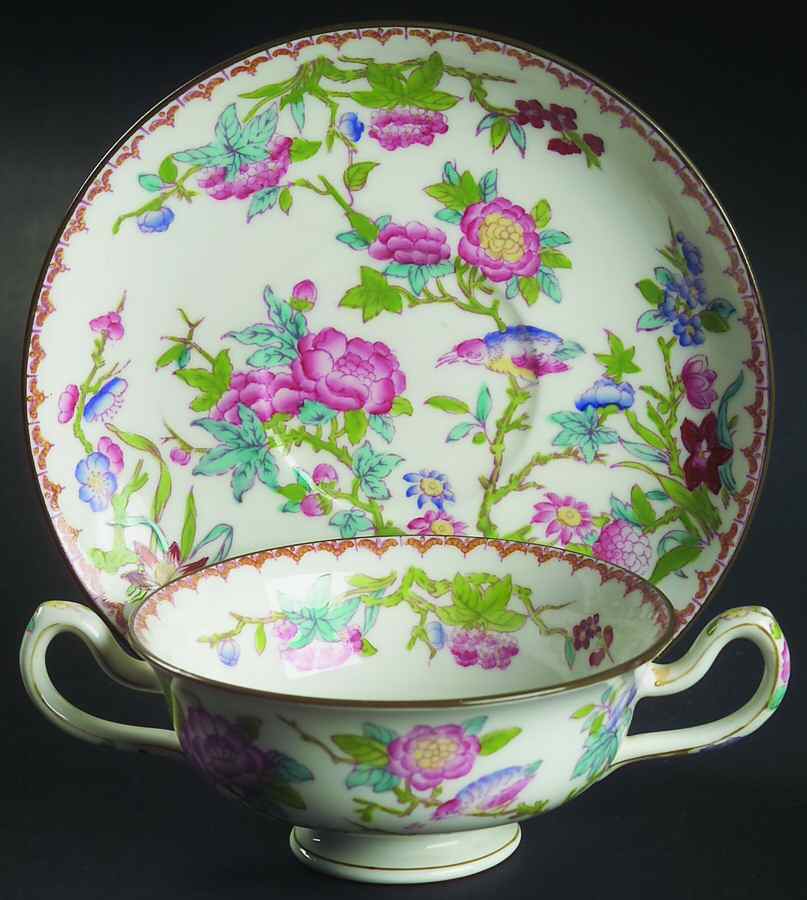 Cuckoo (Smooth, White, Globe Bks) Footed Cream Soup Bowl & Saucer Set by Minton-1