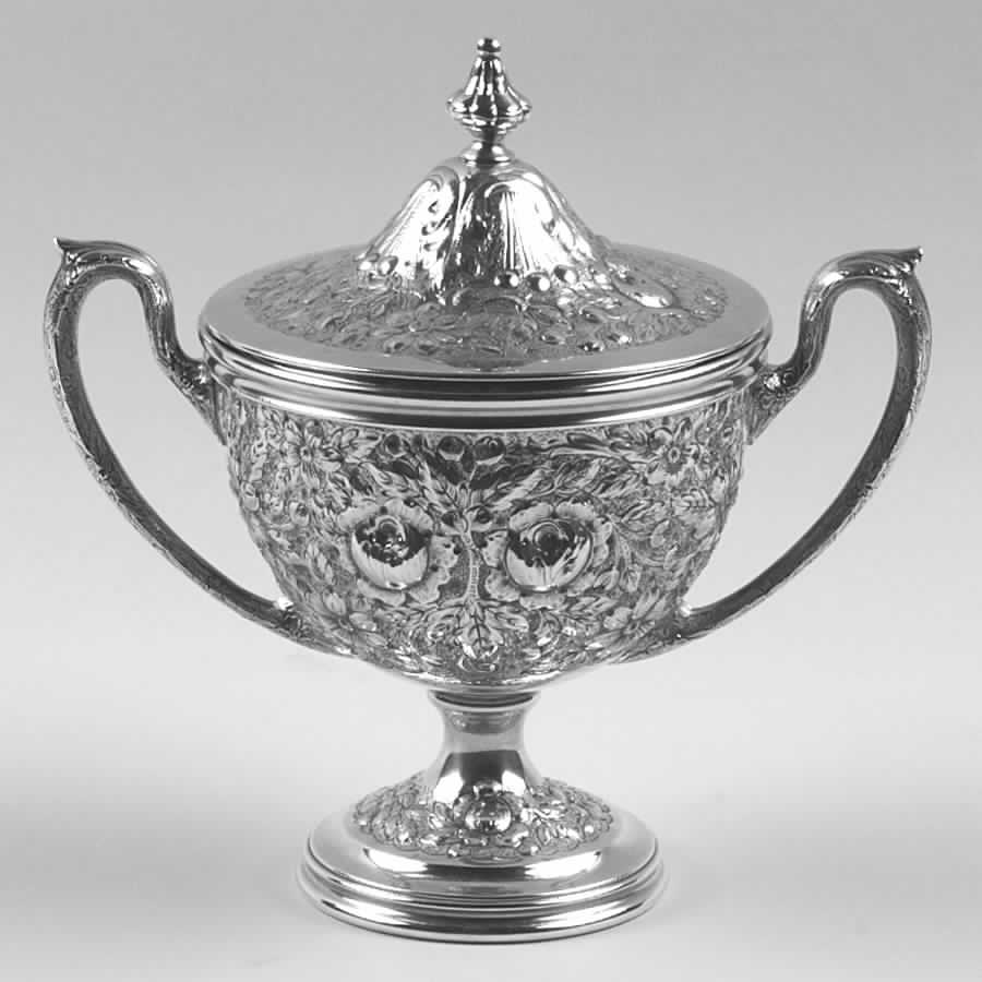 Southern Rose-Chased (Sterling, Hollowware) Sugar Bowl & Lid by Manchester-1