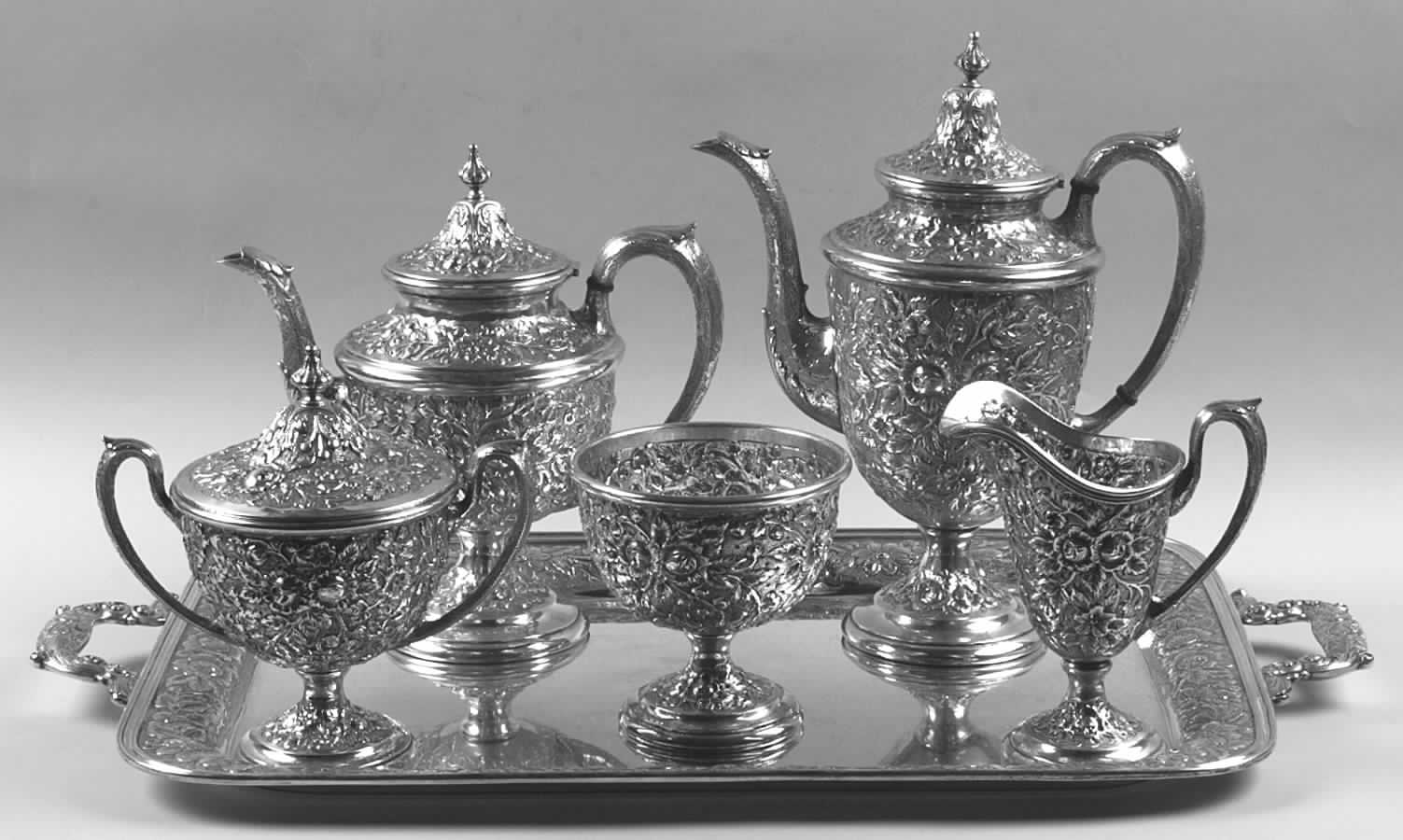 Southern Rose-Chased (Sterling, Hollowware) 6 Piece Tea Set (SCP, STP, SCR, SSU, SWB, WTL) by Manchester-1