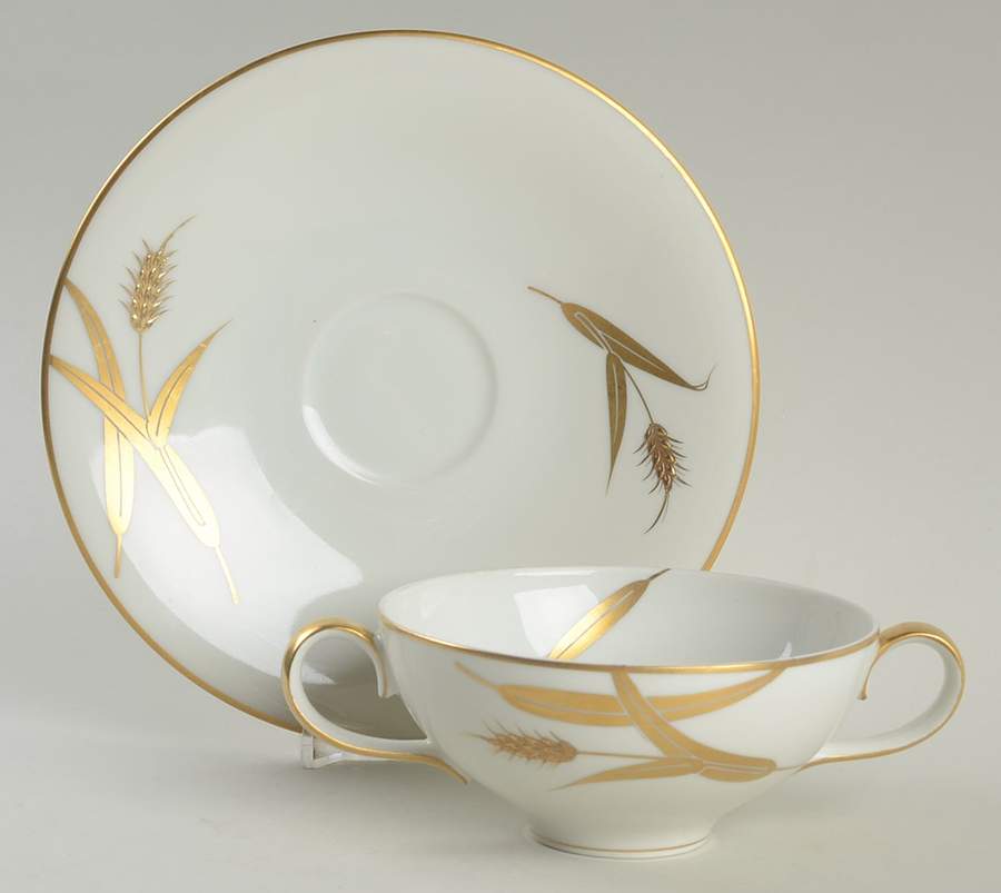Midas (Cream Background, Japan) Flat Cream Soup Bowl & Saucer Set by Meito-1