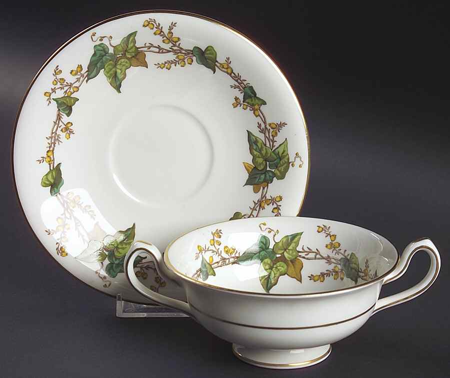 Lothian (Globe Backstamp) Footed Cream Soup Bowl & Saucer Set by Minton-1