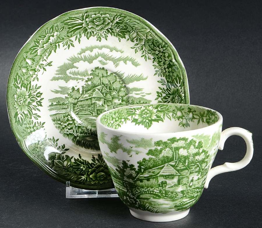 English Village Green Flat Cup & Saucer Set by Alfred Meakin-1