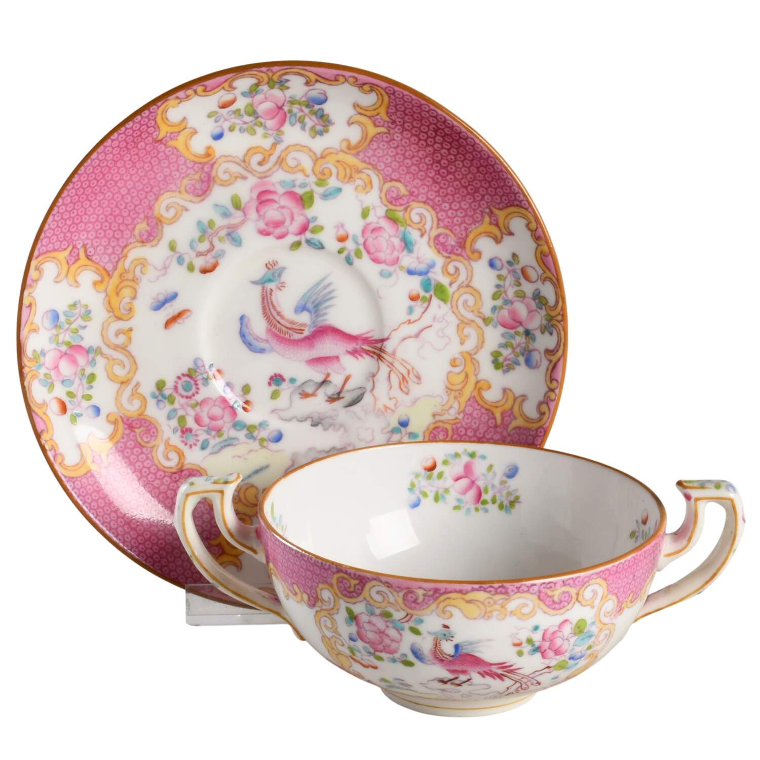 Cockatrice Pink (Smooth, Globe Backstamp) Footed Cream Soup Bowl & Saucer Set by Minton-1