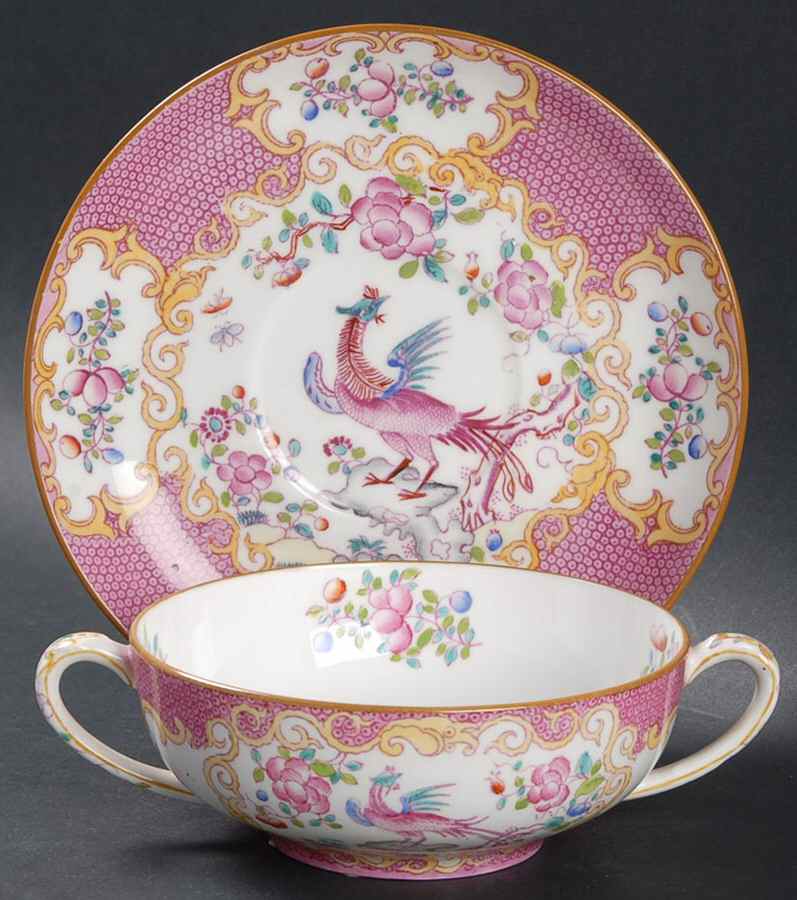 Cockatrice Pink (Smooth, Globe Backstamp) Flat Cream Soup Bowl & Saucer Set by Minton-1