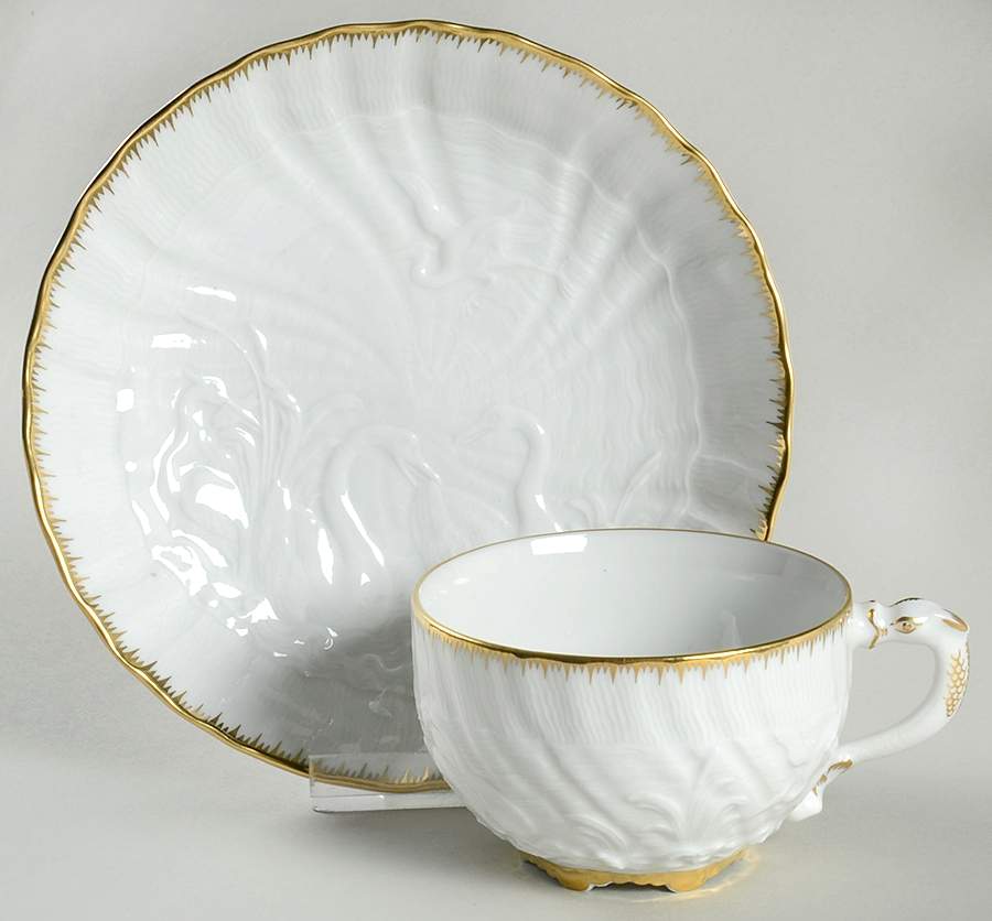 Swan Service (Gold Trim) Flat Cup & Saucer Set by Meissen (Germany)-1