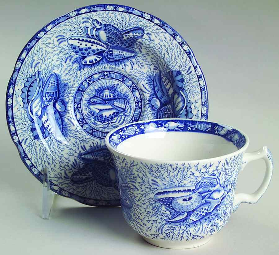 Torquay Blue (Scalloped, No Trim) Flat Cup & Saucer Set by Mottahedeh-1