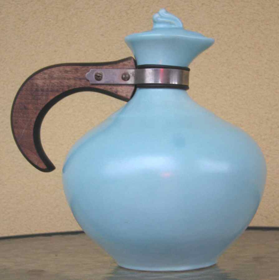 200 Satin Turquoise (Rim) Metal or Wood Handle Carafe & Lid by Metlox - Poppytrail - Vernon-1