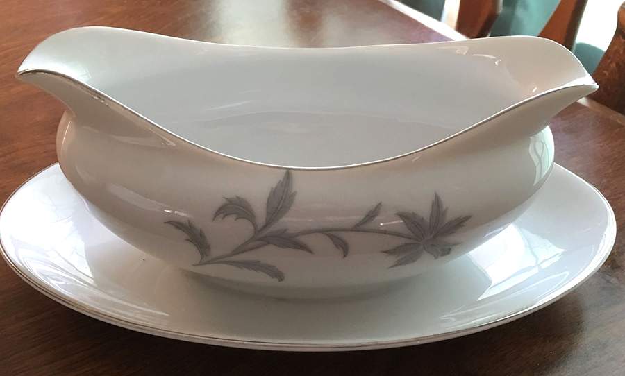 Blue Brocade Gravy Boat with Attached Underplate by Mitake-1